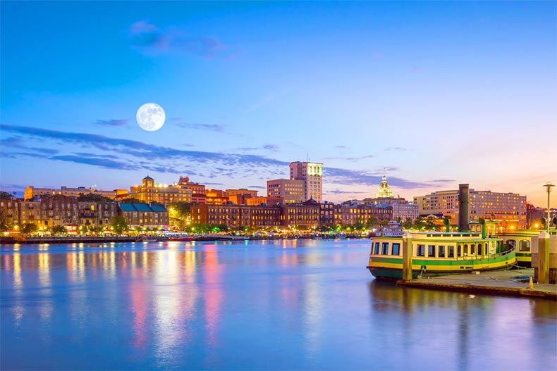 Waterfront view of the Historic District in Savannah, Georgia at twilight