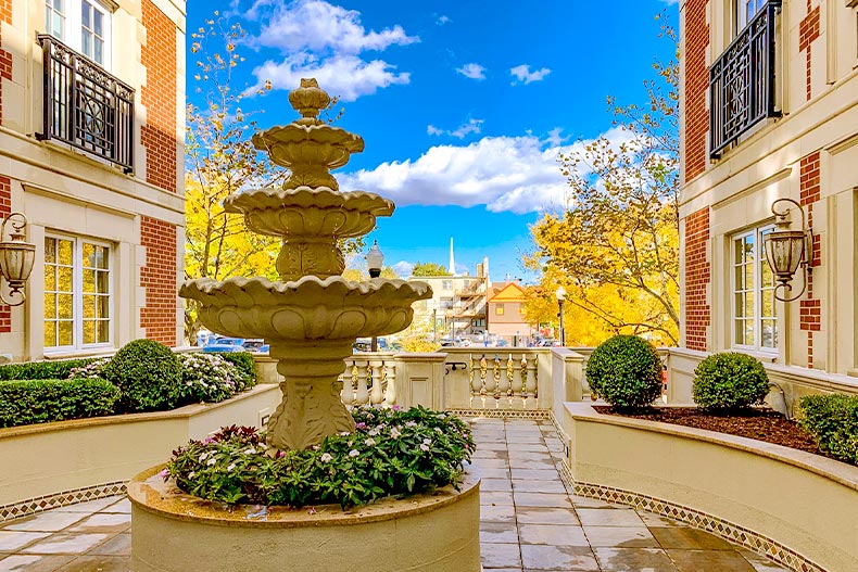 A fountain placed in the center of a courtyard in The Savannah community of Westfield, New Jersey