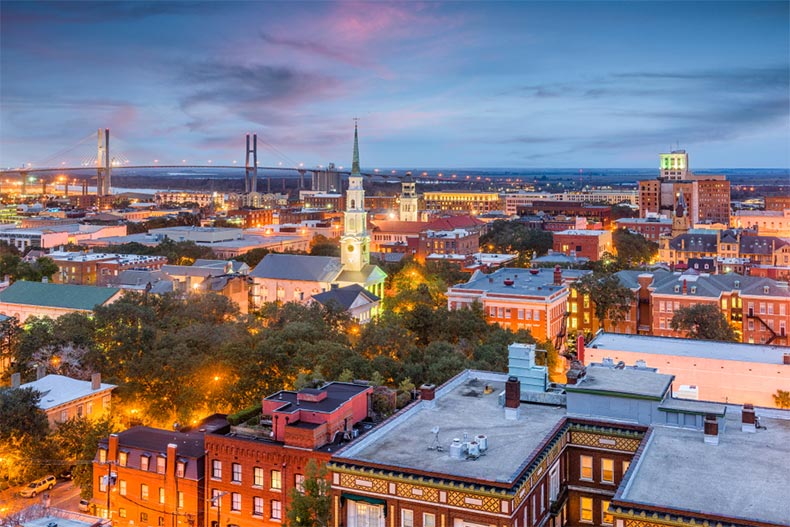 The downtown skyline of Savannah, Georgia at dusk