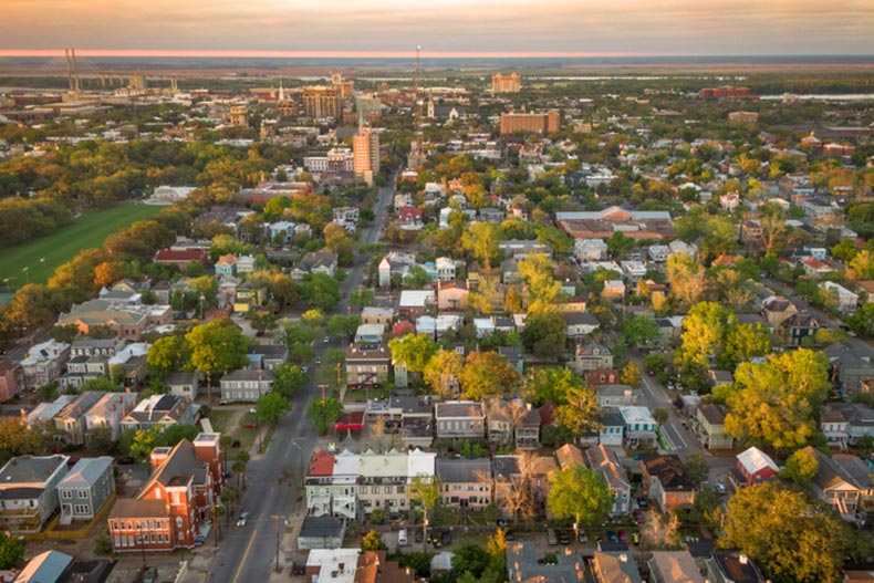 Aerial view of historical Savannah, Georgia during golden hour