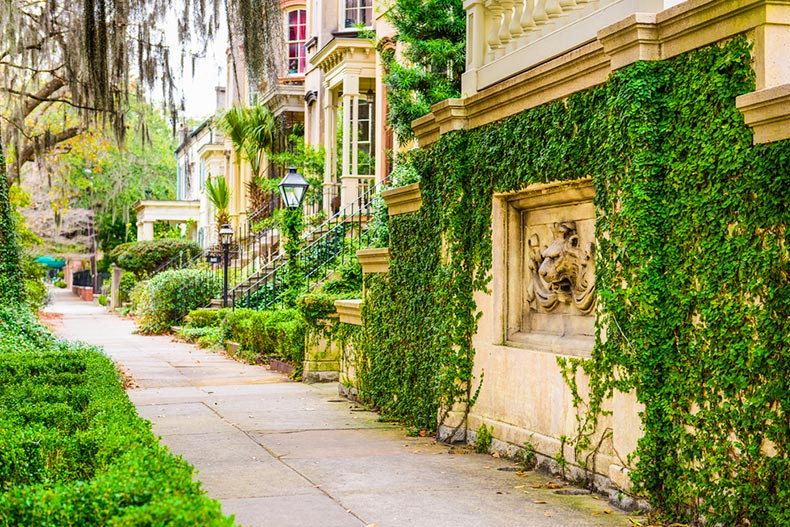 View down a residential street of historic rowhouses in Savannah, Georgia