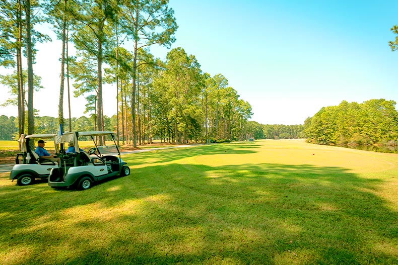 Two golf carts in a row on a golf course fairway in Sun City Hilton Head, Bluffton, South Carolina