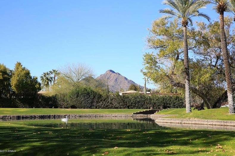 A picturesque pond on the grounds of Scottsdale Shadows in Scottsdale, Arizona