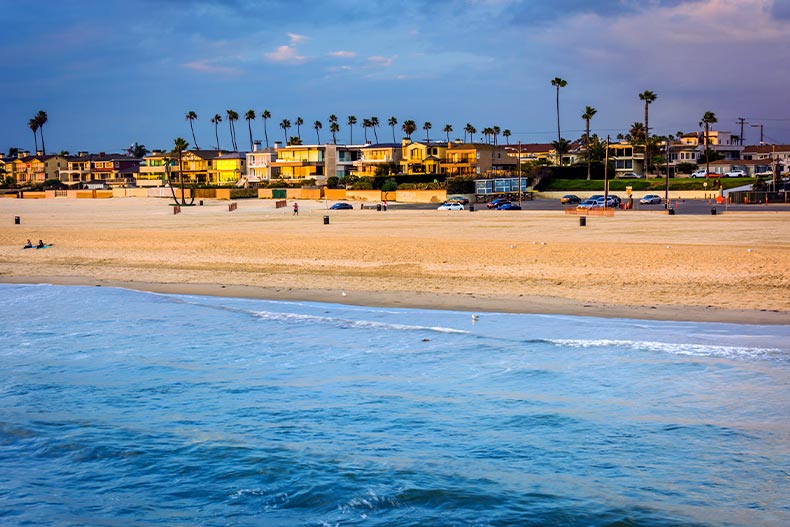 View of a beach taken from over the Pacific Ocean in Seal Beach, California