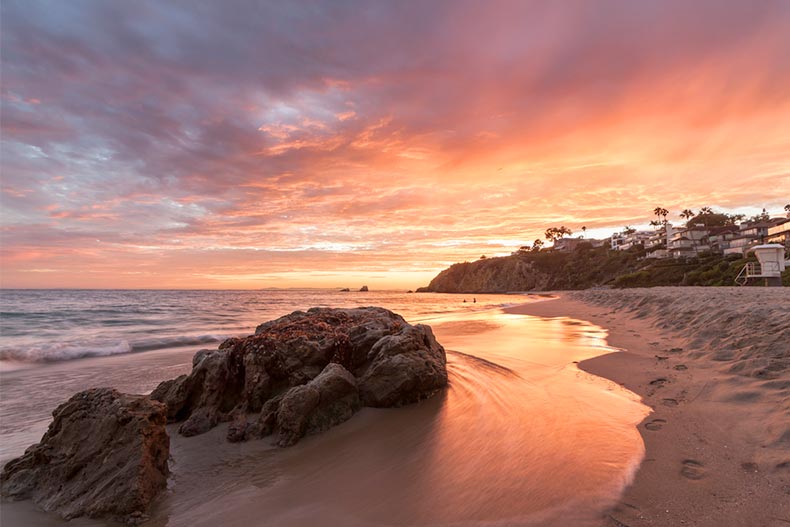 Sunset view of Crescent Bay in Laguna Beach, California