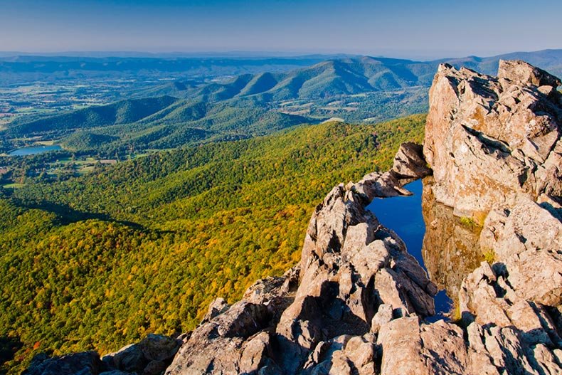 View of the Shenandoah Valley and the Blue Ridge Mountains in Shenandoah National Park in Virginia