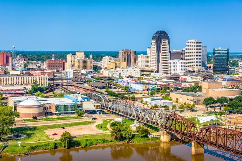 Aerial view of downtown Shreveport, Louisiana beside the Red River