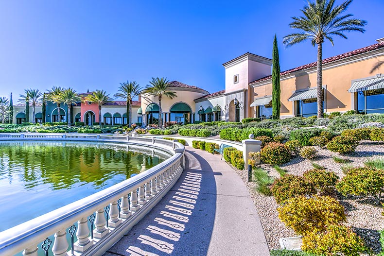 A path beside a pond on the grounds of Siena in Las Vegas, Nevada