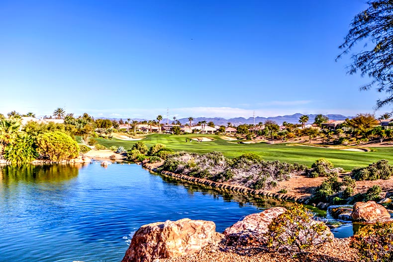 Wide shot of a pond and fairway on the Sienna golf course in Las Vegas, Nevada