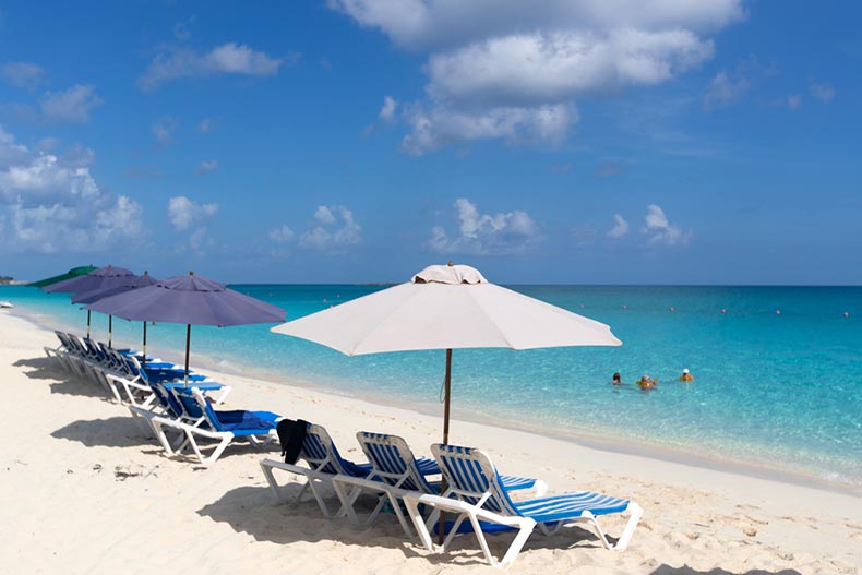 Lounge chairs and umbrellas on Siesta Key Beach in Sarasota, Florida