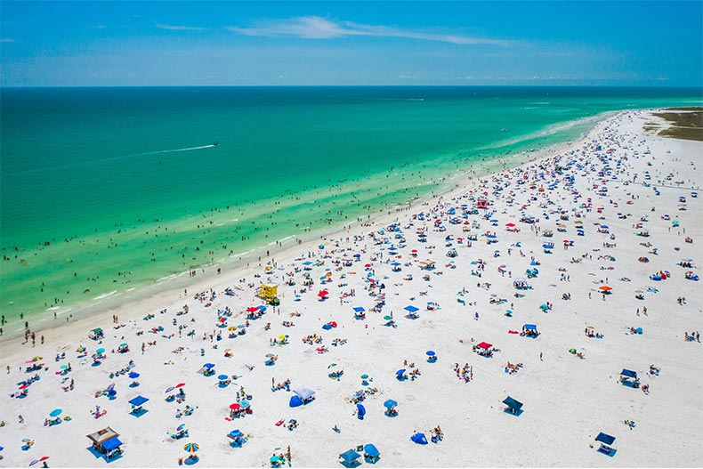 Aerial view of a crowded day on a Siesta Key beach in Sarasota, Florida