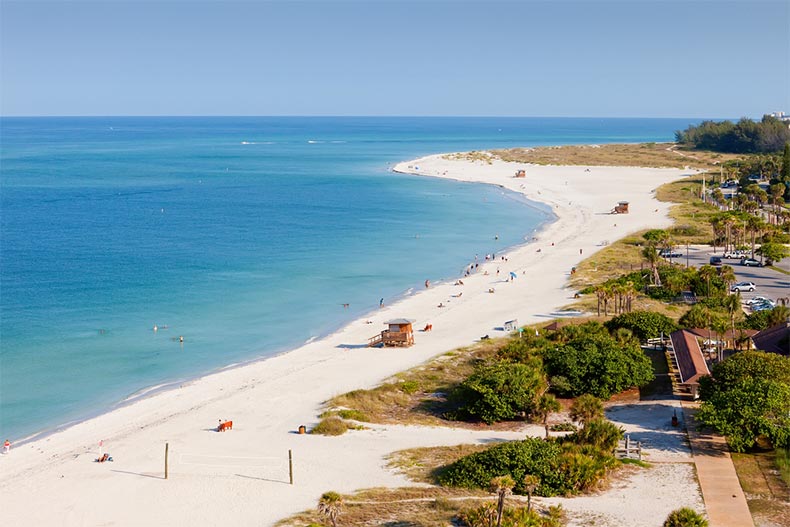 Aerial view of Lido Beach in Siesta Key in Sarasota, Florida