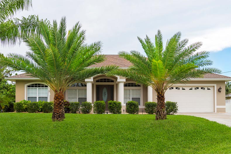 Single-story home in Florida with palm trees in front