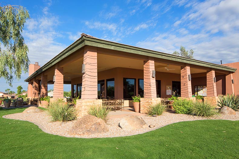 Exterior view of a community building at the 55+ community Solera in Chandler, Arizona