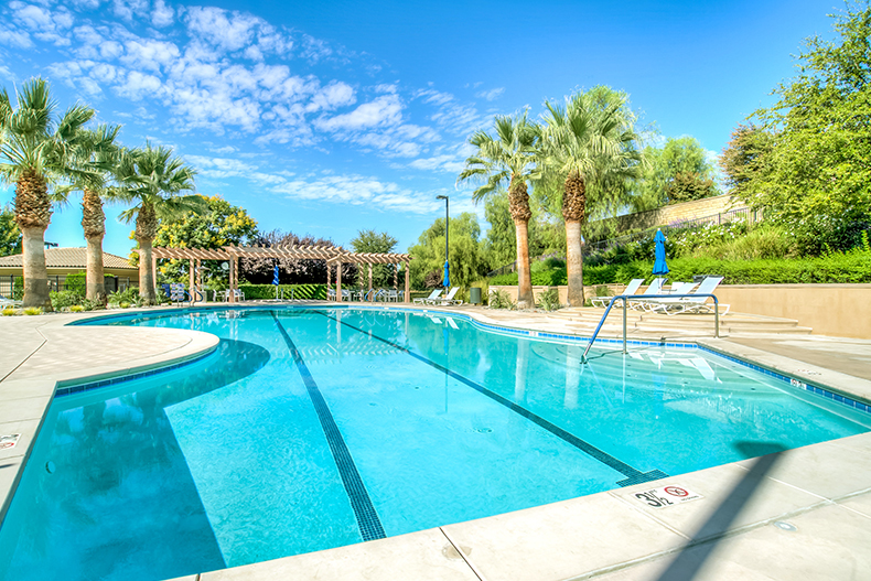 A resort-style pool with lanes located in Solera at Kern Canyon in Bakersfield, California, surrounded by palm trees on a sunny day