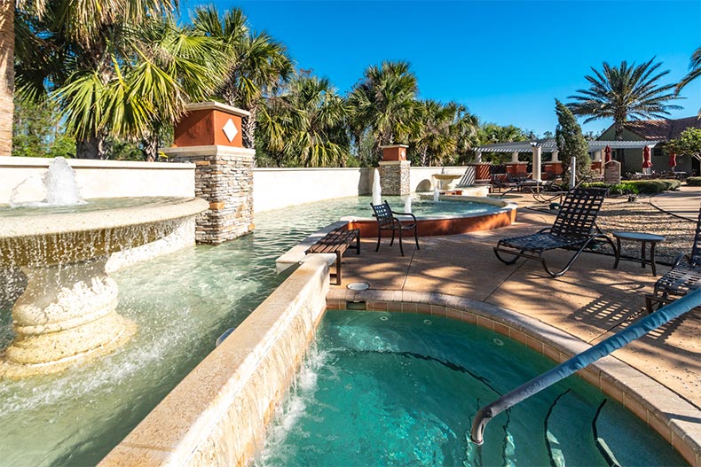 A fountain beside the outdoor spa at Solivita in Kissimmee, Florida