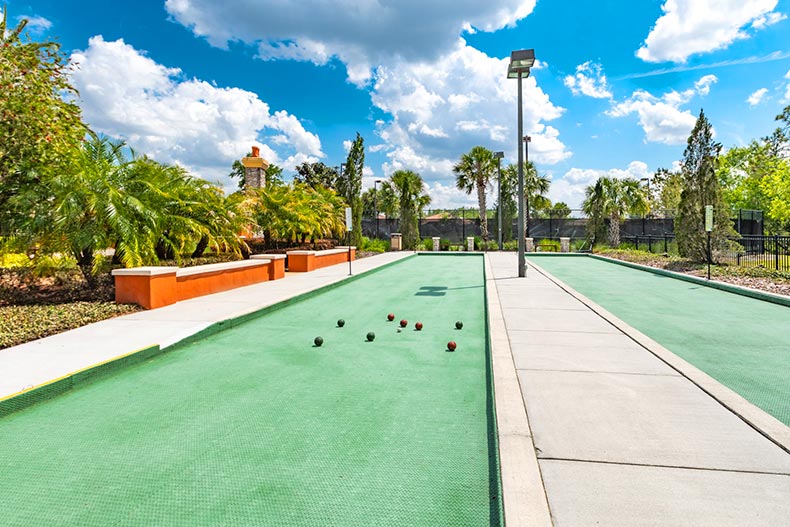 Palm trees surrounding the outdoor bocce ball courts at Solivita in Kissimmee, Florida