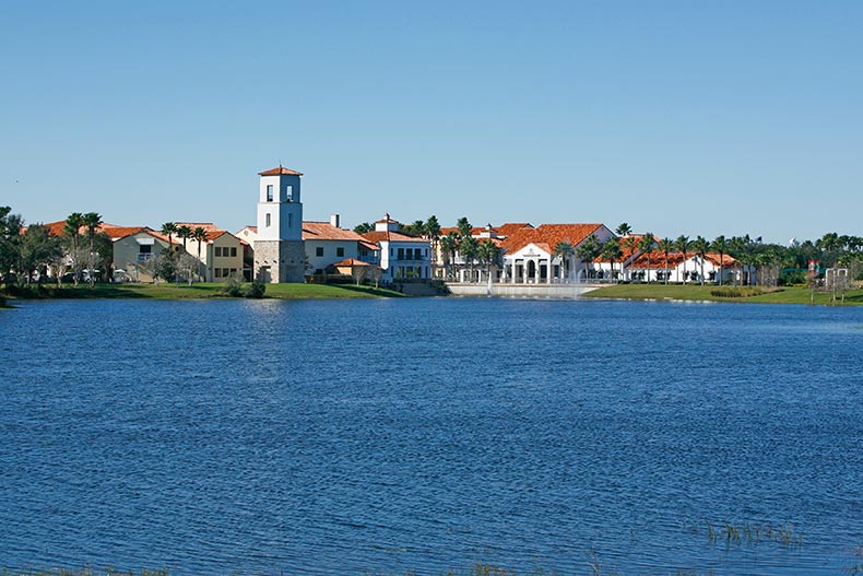 View across a picturesque lake of Solivita in Kissimmee, Florida