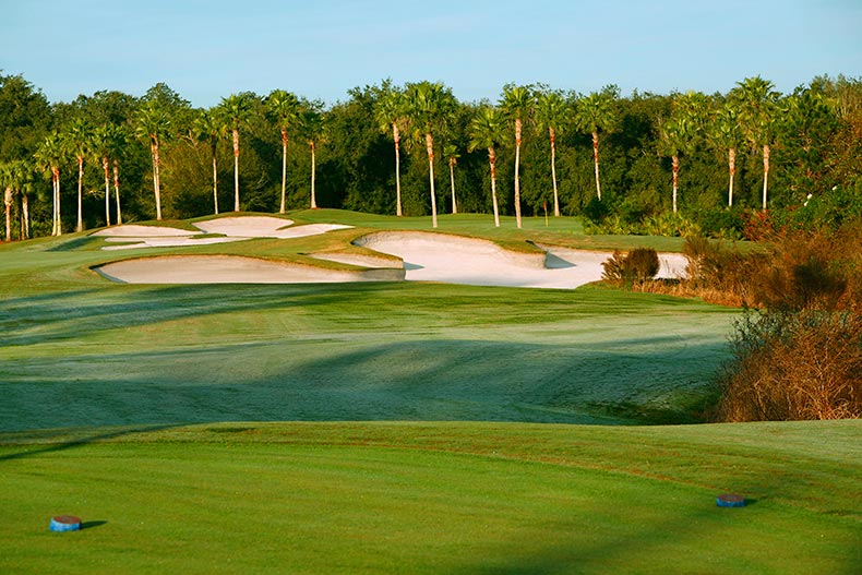 View of golf course fairways in the Stonegate Golf Club of Solivita, located in Kissimmee, Florida