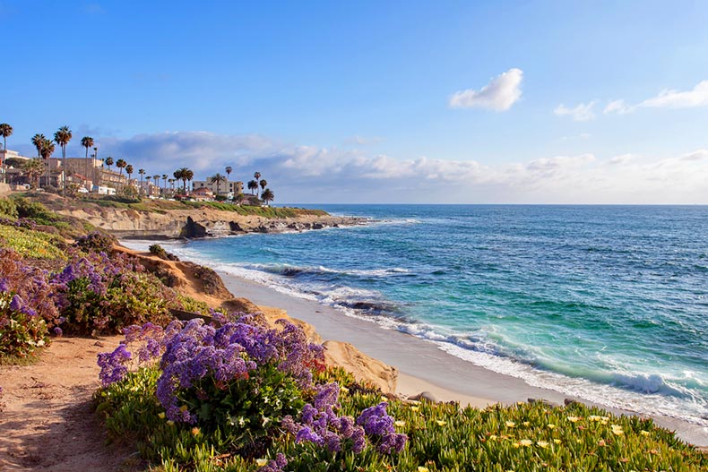 Waves crashing on the La Jolla shore at sunset in Southern California