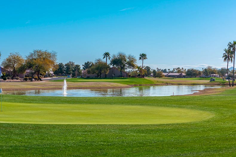 View of a golf course and pond in the Springfield community of Chandler, Arizona