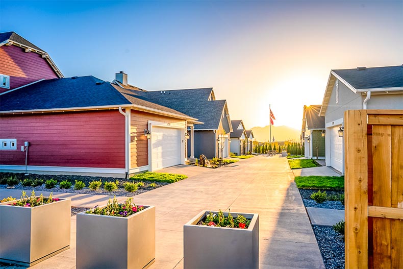 Rear view of a row of homes at SpringHouse Village in South Jordan, Utah