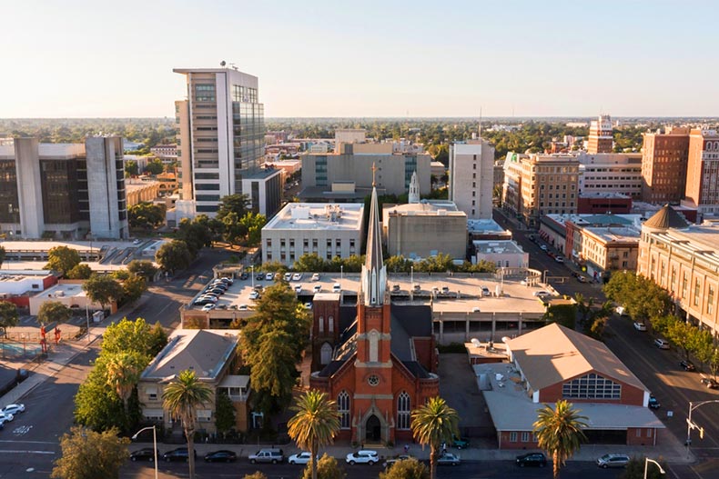Sunset aerial view of Downtown Stockton, California