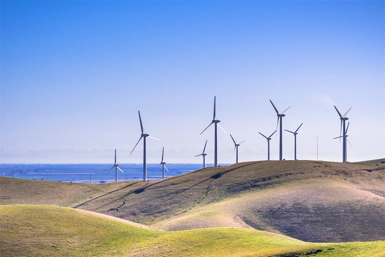 Wind turbines on the hills of east San Francisco Bay with Stockton valley in the background
