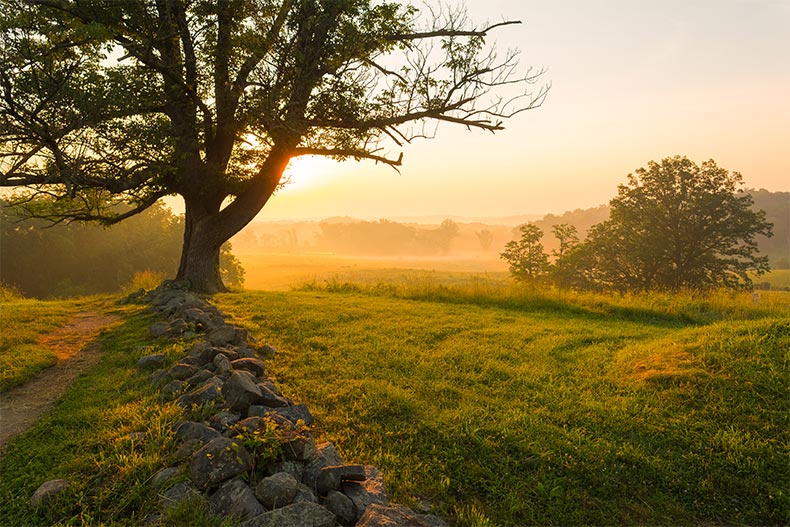Foggy sunrise on East Cemetery Hill at Gettysburg National Military Park in Gettysburg, PA