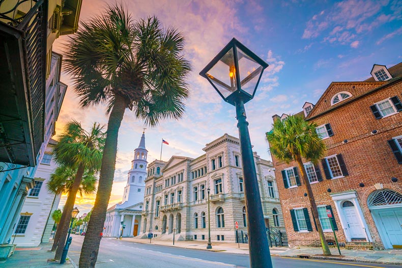 Palm trees and a street lamp in the historical downtown area of Charleston, South Carolina