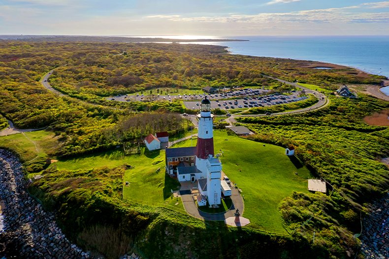 Aerial view of the Montauk Lighthouse and the surrounding scenery, located in Suffolk County, New York