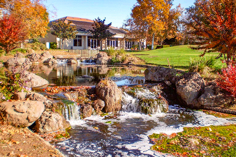 View of a pond and small rocky waterfall in front of the clubhouses and autumn trees in Summerset, located in Brentwood, California