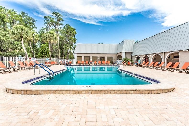 Lounge chairs on the patio beside the outdoor pool at Summertree in New Port Richey, Florida
