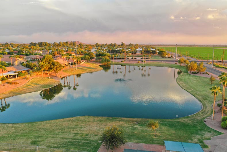 Aerial view of Sun City, Arizona at sunset