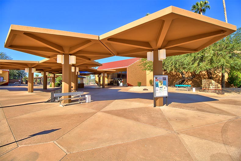 An outdoor awning over a common area at Sun City in Arizona