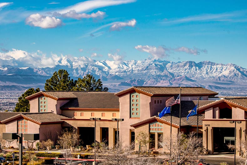 Mountains behind a community building at Sun City Anthem in Henderson, Nevada