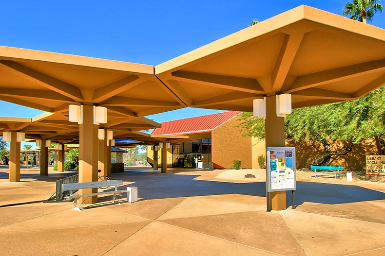 Stone umbrellas in front of an amenity center in Sun City, Arizona