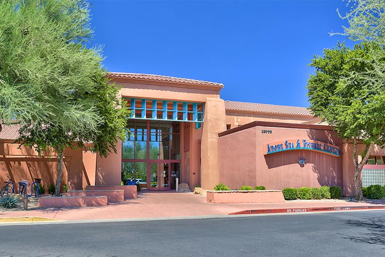 The entrance to the Adobe Spa and Fitness Center at Sun City Grand in Surprise, Arizona