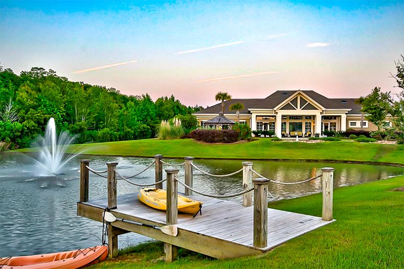 A dock by a pond on the grounds of Sun City Hilton Head in Bluffton, South Carolina