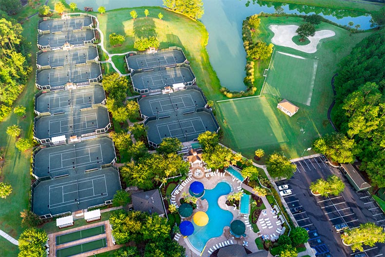 Aerial view of the amenities at Sun City Hilton Head in Bluffton, South Carolina