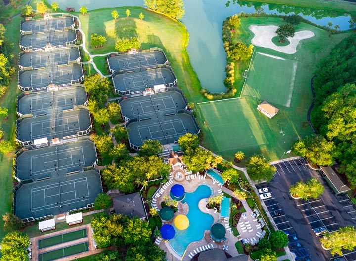 Aerial view of the sports courts and pool at Sun City Hilton Head