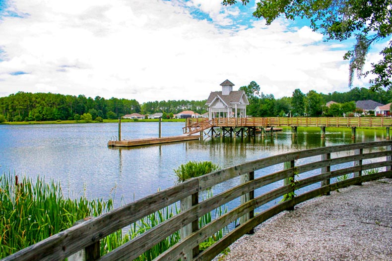 A dock on a pond at Sun City Hilton Head in Bluffton, South Carolina
