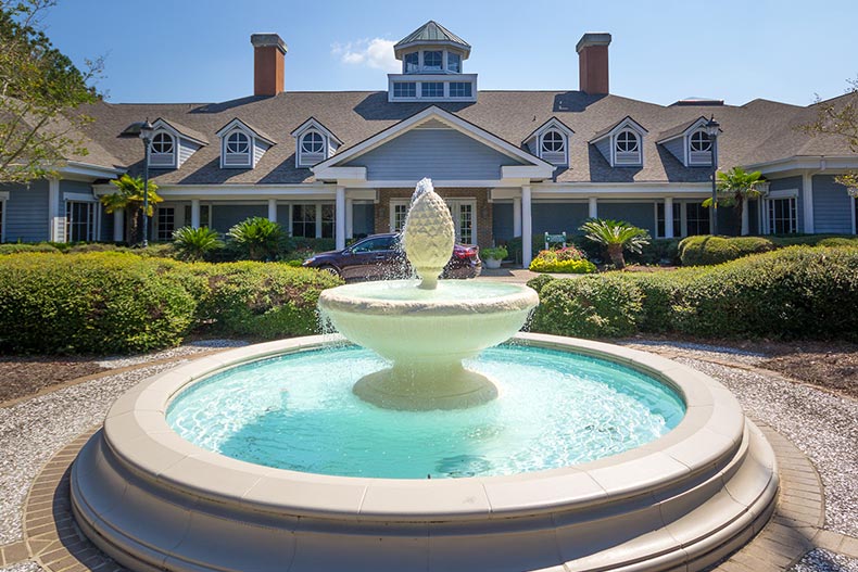 A fountain in front of an amenity center at Sun City Hilton Head in Bluffton, South Carolina