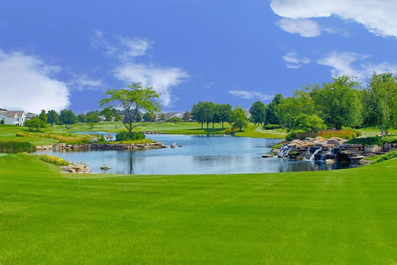 Grass and trees surrounding a pond on the grounds of Sun City Huntley in Illinois