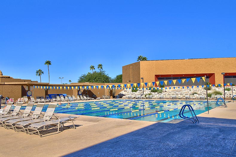 The outdoor lap pool and patio at Sun City in Arizona