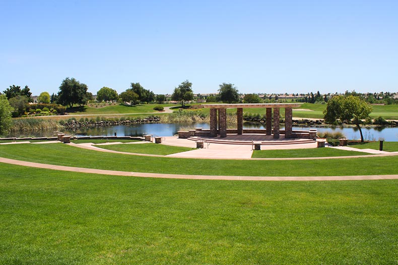 A pavilion beside a pond on the grounds of Sun City Lincoln Hills in Lincoln, California