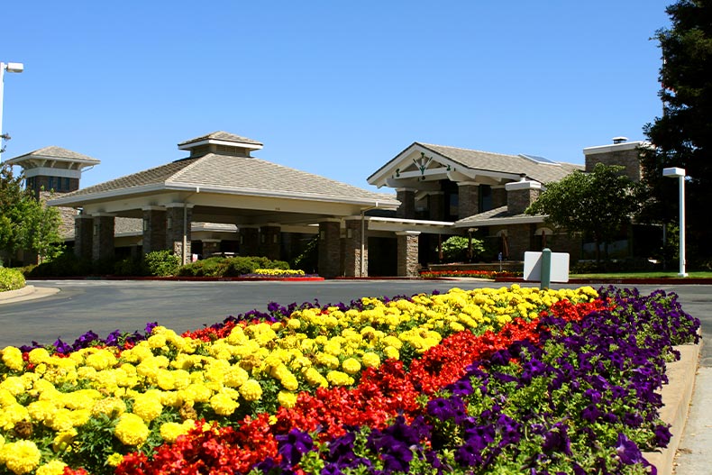 Several rows of colorful flowers in front of the driveway for the clubhouse in Sun City Roseville, California