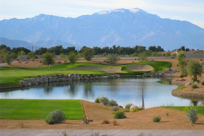 A pond on the golf course at Sun City Shadow Hills in Indio, California