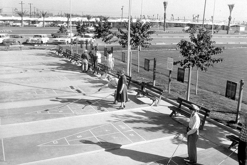 Residents playing shuffleboard at Sun City in the 1960s