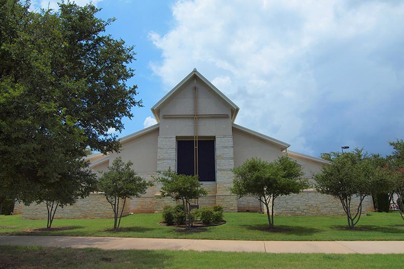 Exterior view of a church at Sun City Texas in Georgetown, Texas